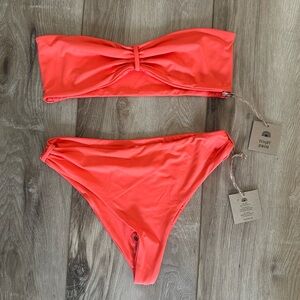 🆕 2pc Free People X Toast Signature Cinch Tube Top & Cinch Bottom in Hot Coral